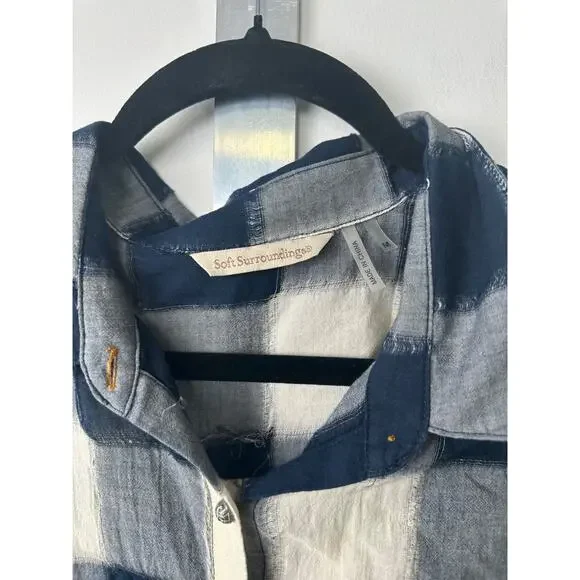 Soft Surroundings Size M Mixed Media Plaid Embroidered Floral Tunic Top LS D4 - Picture 2 of 7